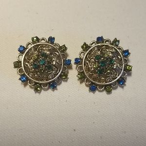 Vintage clip earrings gold-tone w/blue grn stones